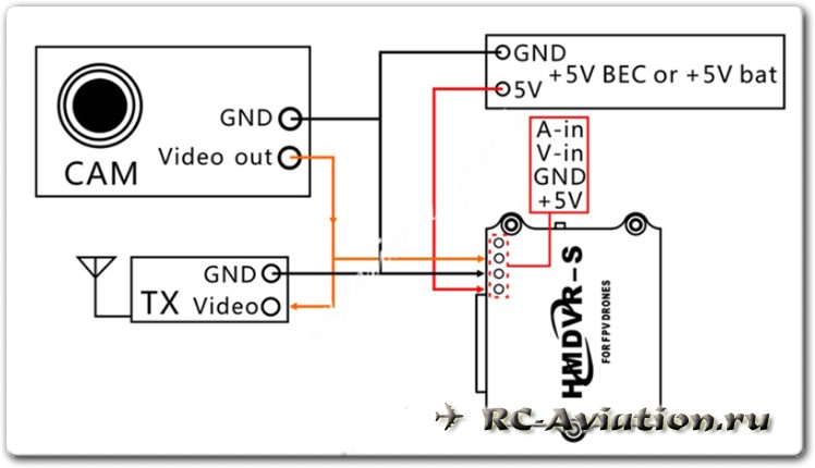 подключение HMDVR-S DVR 1280*720 16:9 NTSC Video Audio Mini FPV Recorder for Micro FPV Multicopters к FPV камере