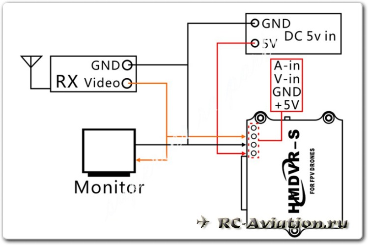 подключение HMDVR-S DVR 1280*720 16:9 NTSC Video Audio Mini FPV Recorder for Micro FPV Multicopters