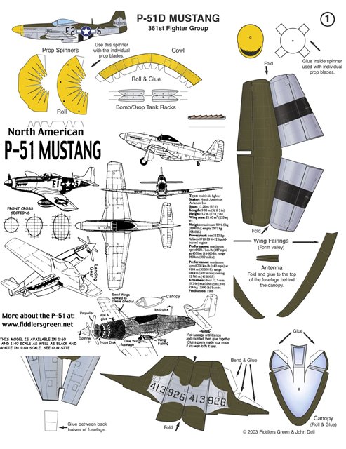 Чертежи бумажной авиамодели Mustang P-51D